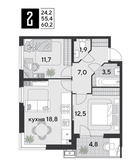 Продажа 2-комнатной квартиры 60,2 м², 2/9 этаж