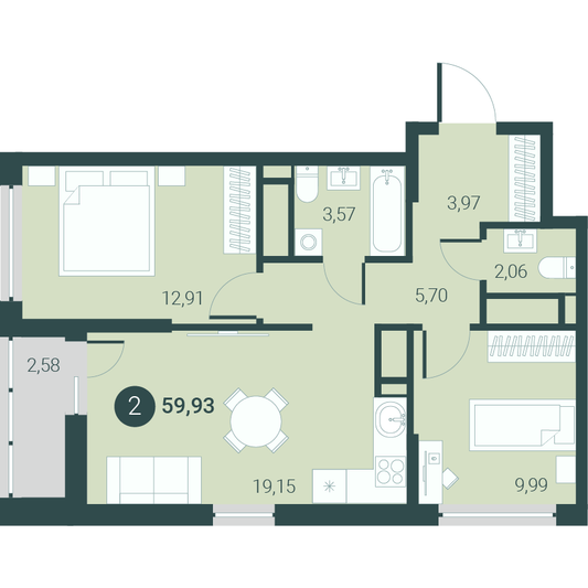 Продажа 2-комнатной квартиры 59,9 м², 13/10 этаж