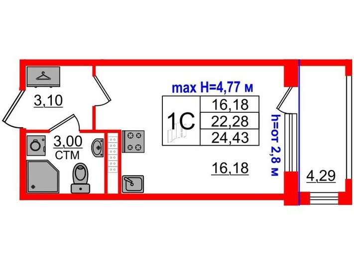 Продажа квартиры-студии 22,3 м², 4/4 этаж