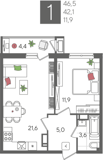 Продажа 1-комнатной квартиры 46,5 м², 11/24 этаж