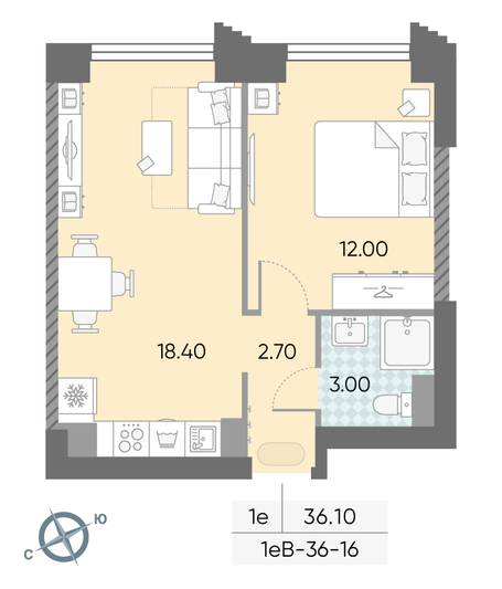 Продажа 1-комнатной квартиры 36,1 м², 16/58 этаж