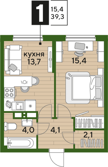 Продажа 1-комнатной квартиры 39,3 м², 13/19 этаж