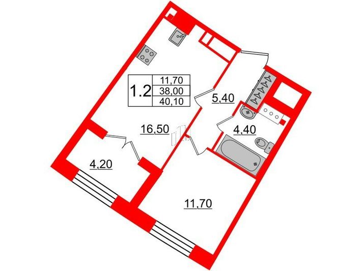 Продажа 1-комнатной квартиры 38,1 м², 6/8 этаж