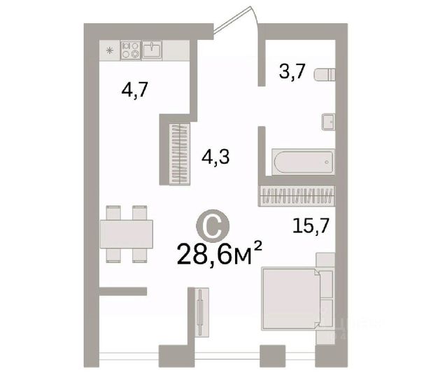 Продажа квартиры-студии 28,6 м², 3/14 этаж