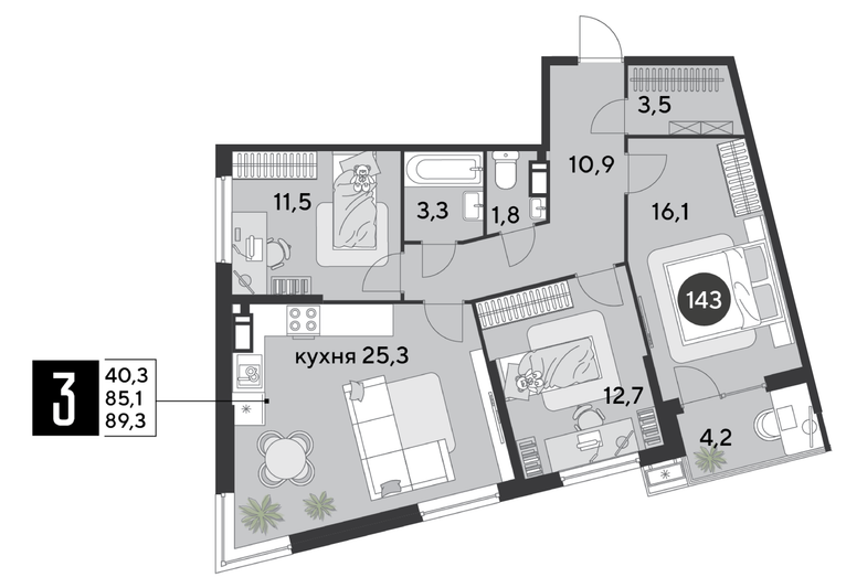 Продажа 3-комнатной квартиры 89,3 м², 16/18 этаж