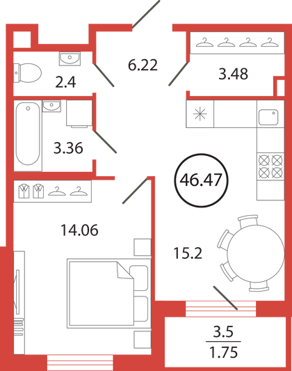 Продажа 1-комнатной квартиры 46,5 м², 2/12 этаж