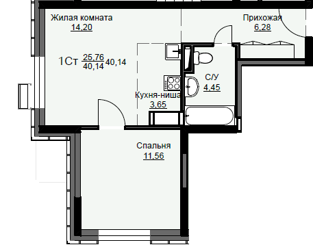Продажа 1-комнатной квартиры 40,1 м², 1/17 этаж