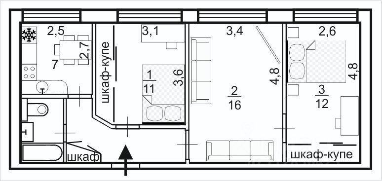Аренда 3-комнатной квартиры 54 м², 1/16 этаж
