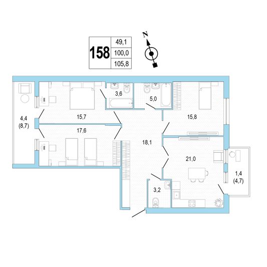 Продажа 3-комнатной квартиры 105,9 м², 2/8 этаж