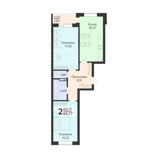 Продажа 2-комнатной квартиры 66,8 м², 3/18 этаж