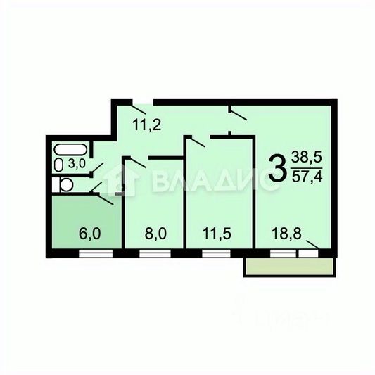 Продажа 3-комнатной квартиры 58 м², 9/9 этаж