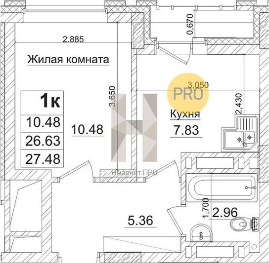 Продажа 1-комнатной квартиры 26,6 м², 27/29 этаж