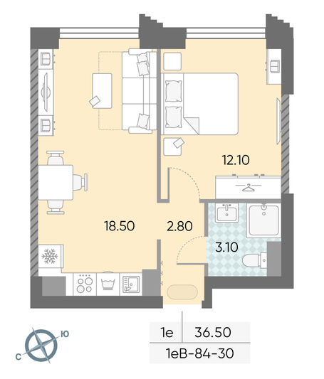 Продажа 1-комнатной квартиры 36,5 м², 30/58 этаж