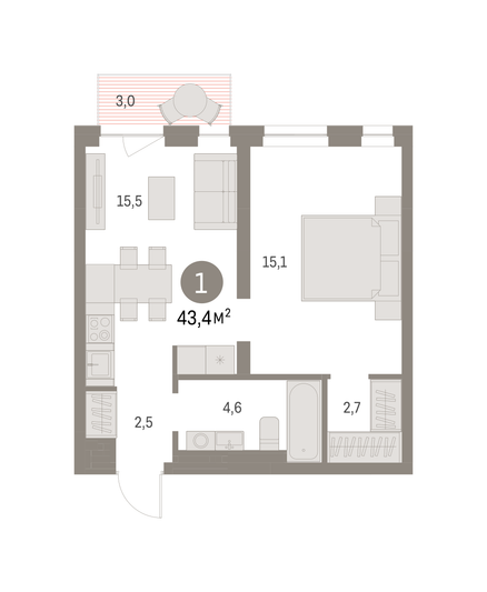 Продажа 1-комнатной квартиры 43,4 м², 3/6 этаж