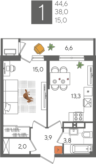 Продажа 1-комнатной квартиры 44,6 м², 23/24 этаж