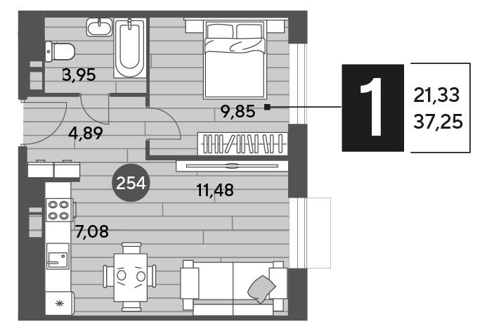 Продажа 1-комнатной квартиры 37,3 м², 15/15 этаж