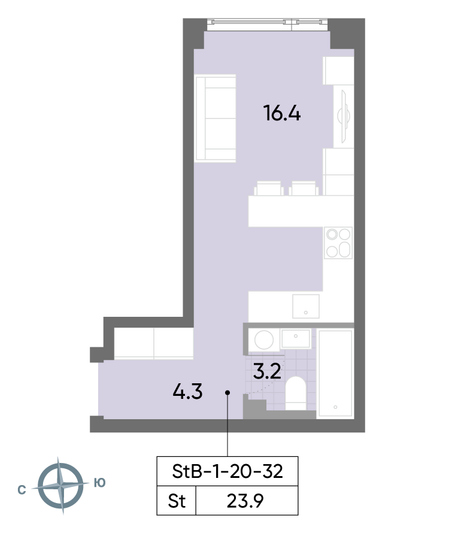 Продажа квартиры-студии 23,9 м², 25/52 этаж