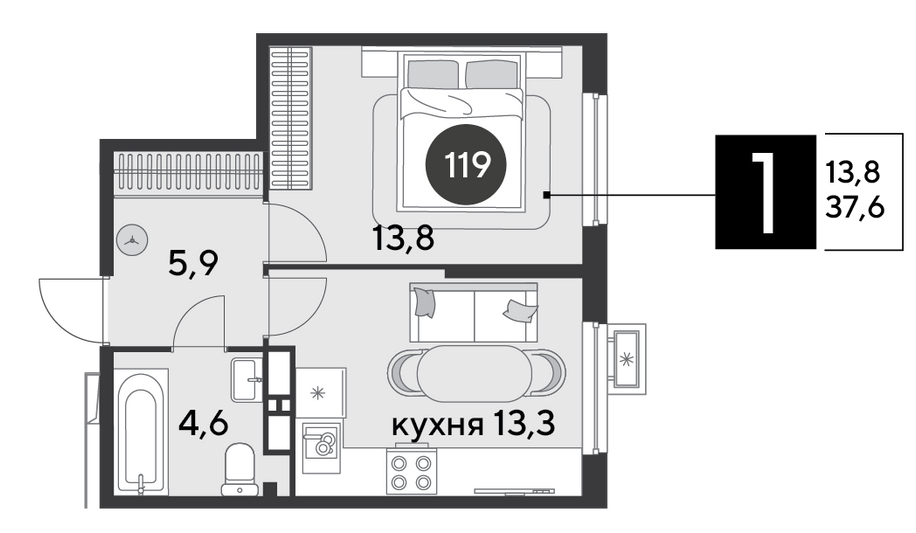 Продажа 1-комнатной квартиры 37,6 м², 13/18 этаж