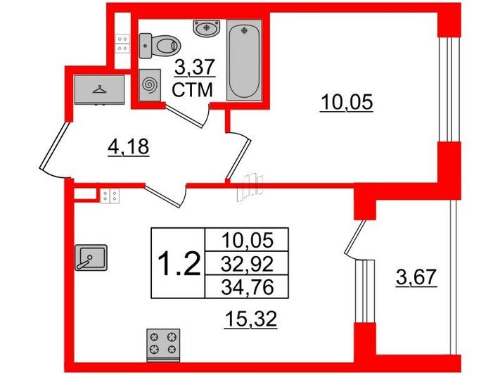 Продажа 1-комнатной квартиры 32,9 м², 3/4 этаж