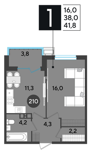 Продажа 1-комнатной квартиры 41,8 м², 9/9 этаж