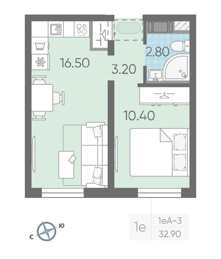 Продажа 1-комнатной квартиры 32,9 м², 7/25 этаж