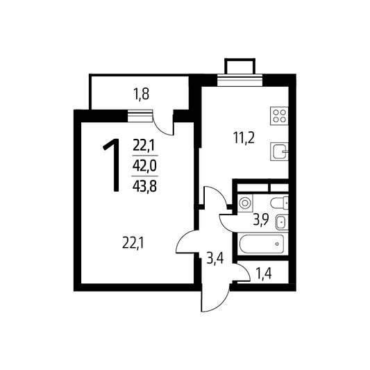 Продажа 1-комнатной квартиры 43,8 м², 8/9 этаж