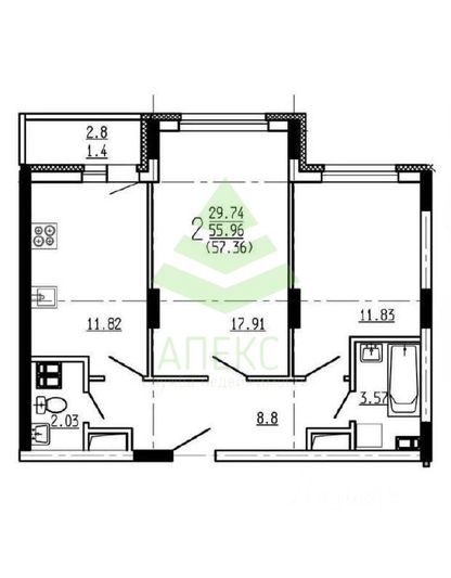 Продажа 2-комнатной квартиры 57,1 м², 13/25 этаж