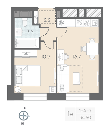 Продажа 1-комнатной квартиры 34,5 м², 3/10 этаж