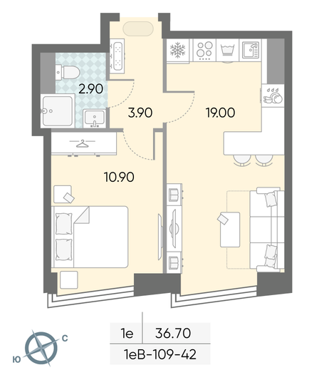 Продажа 1-комнатной квартиры 36,7 м², 42/58 этаж