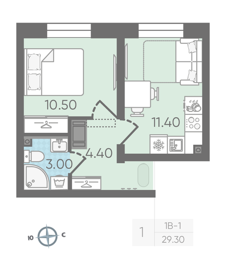 Продажа 1-комнатной квартиры 29,3 м², 15/16 этаж