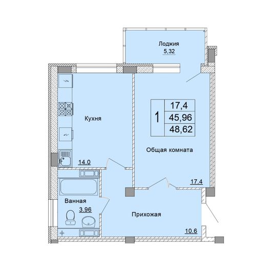 Продажа 1-комнатной квартиры 48,6 м², 7 этаж