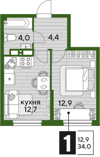 Продажа 1-комнатной квартиры 34 м², 12/16 этаж