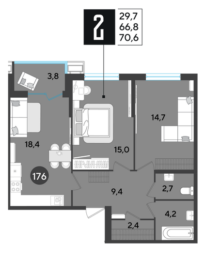 Продажа 2-комнатной квартиры 70,6 м², 2/9 этаж