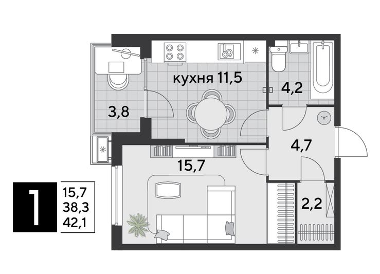 Продажа 1-комнатной квартиры 42,1 м², 2/9 этаж