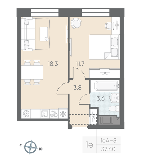 Продажа 1-комнатной квартиры 37,4 м², 9/10 этаж