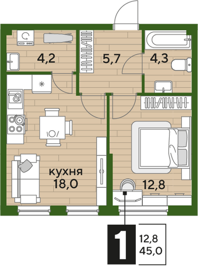 Продажа 1-комнатной квартиры 45 м², 2/16 этаж