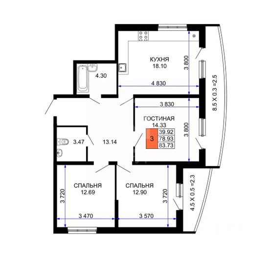 Продажа 3-комнатной квартиры 86,4 м², 2/24 этаж