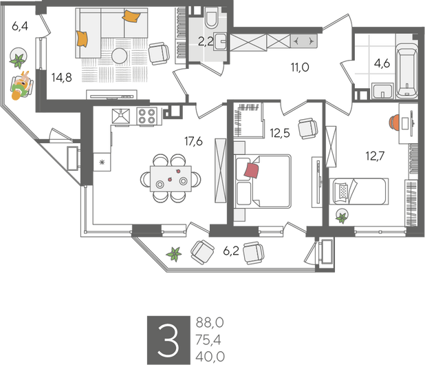 Продажа 3-комнатной квартиры 88 м², 4/24 этаж