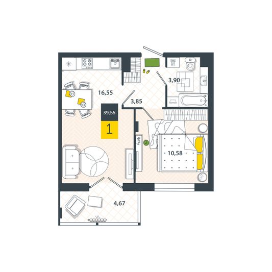 Продажа 1-комнатной квартиры 39,5 м², 1/8 этаж