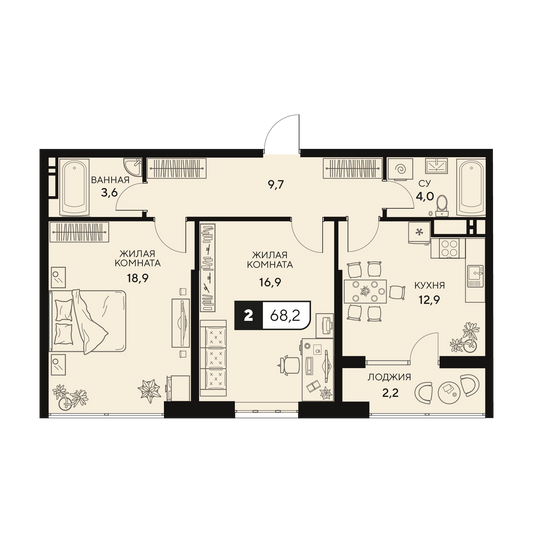 Продажа 2-комнатной квартиры 68,2 м², 2/15 этаж