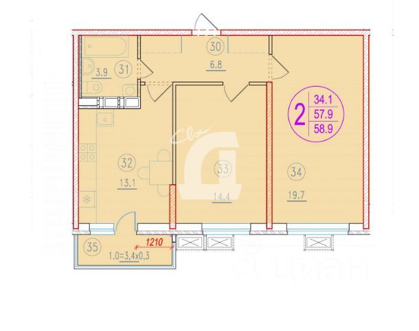 Продажа 2-комнатной квартиры 60 м², 3/16 этаж