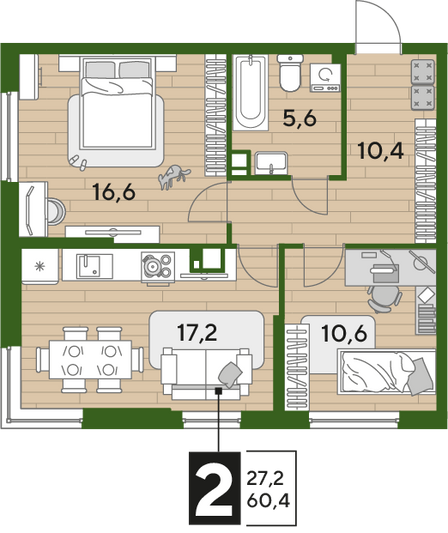 Продажа 2-комнатной квартиры 60,4 м², 9/16 этаж