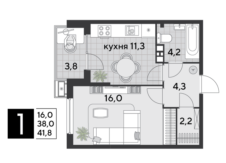 Продажа 1-комнатной квартиры 41,8 м², 7/9 этаж