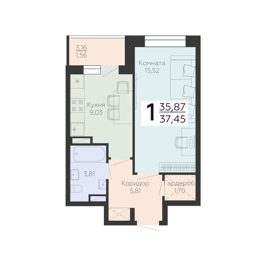 Продажа 1-комнатной квартиры 37,5 м², 2/24 этаж
