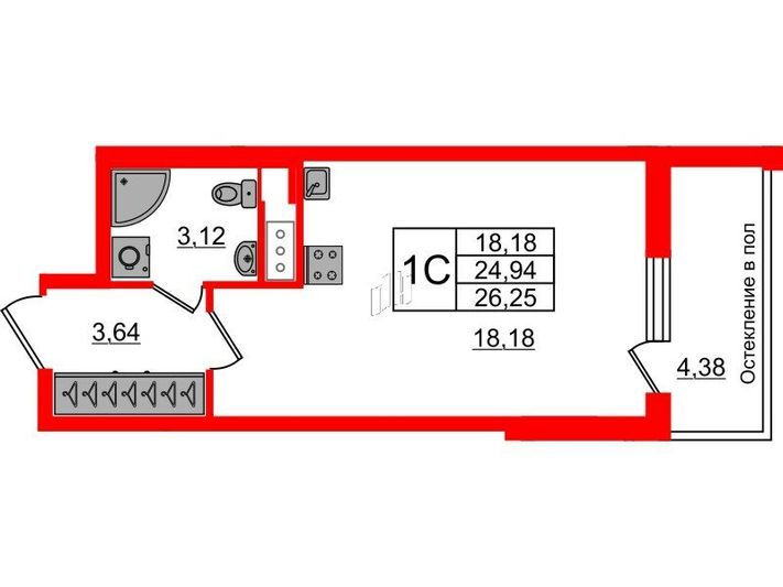 Продажа квартиры-студии 24,9 м², 6/10 этаж