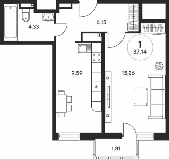 Продажа 1-комнатной квартиры 37,3 м², 4 этаж