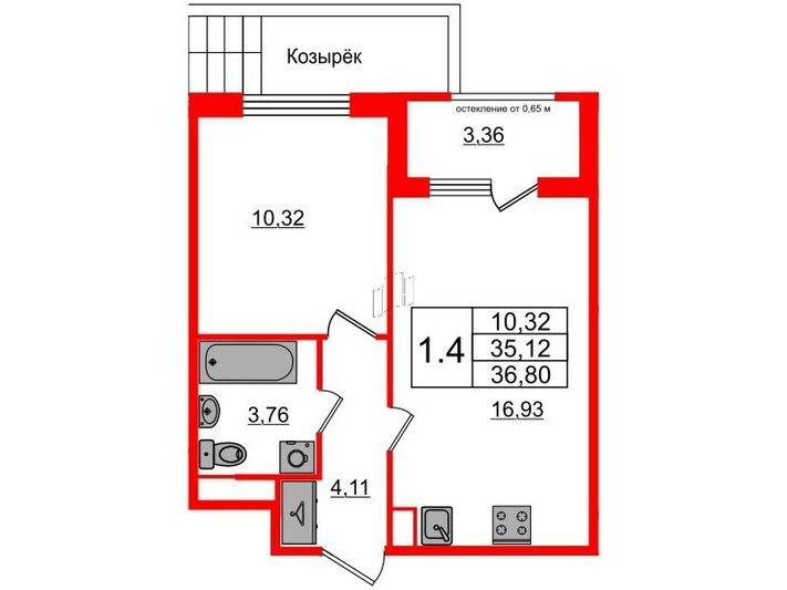 Продажа 1-комнатной квартиры 35,1 м², 1/4 этаж