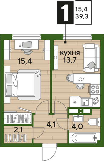 Продажа 1-комнатной квартиры 39,3 м², 10/16 этаж