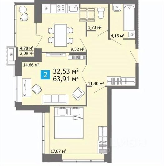 Продажа 2-комнатной квартиры 63,9 м², 9/17 этаж