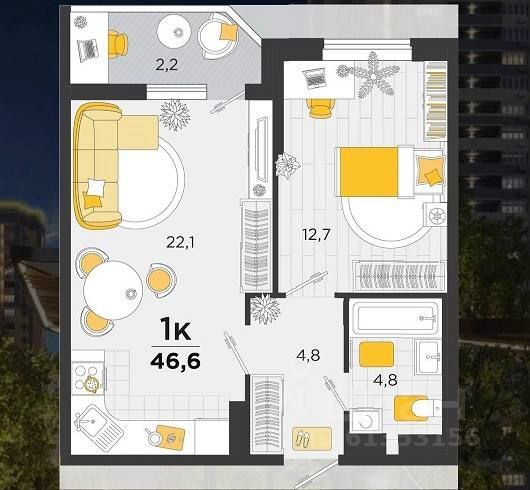 Продажа 1-комнатной квартиры 48,6 м², 10/23 этаж